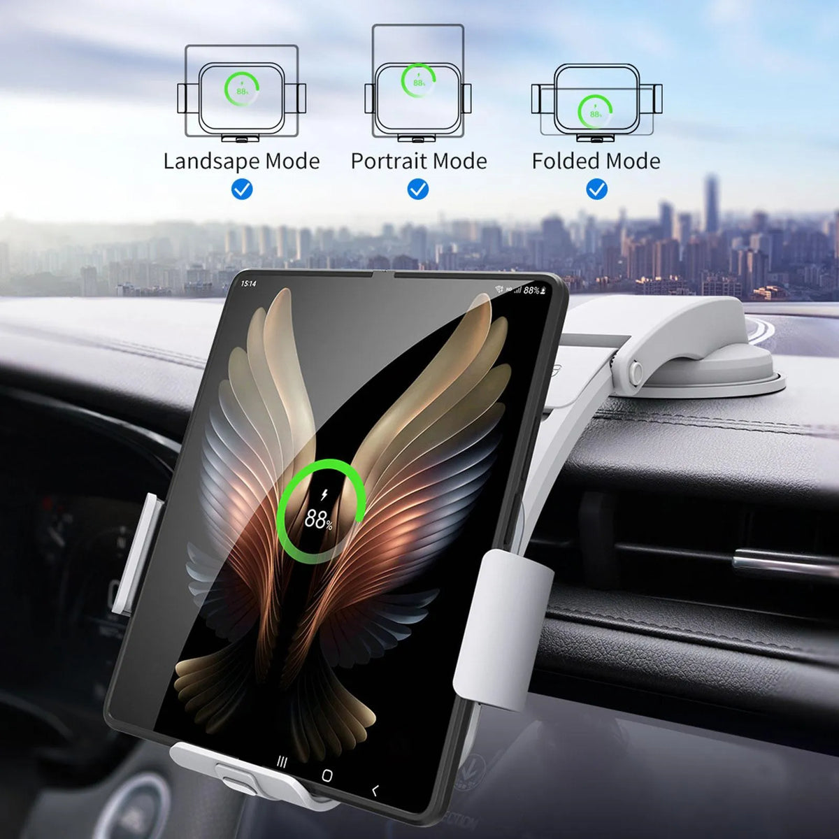 Grey car phone holder with wireless charging and folding screen design on dashboard
