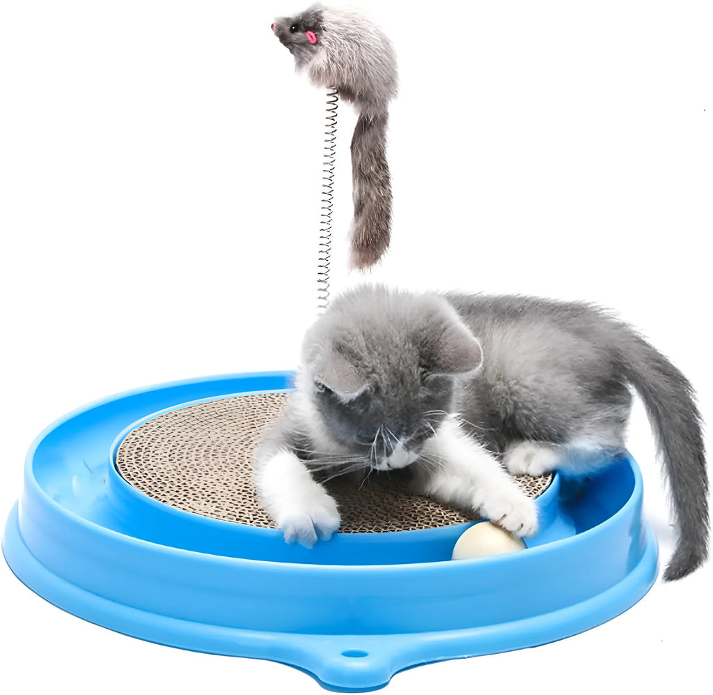 Round blue cat scratcher with ball track and central cardboard scratching pad for furniture protection