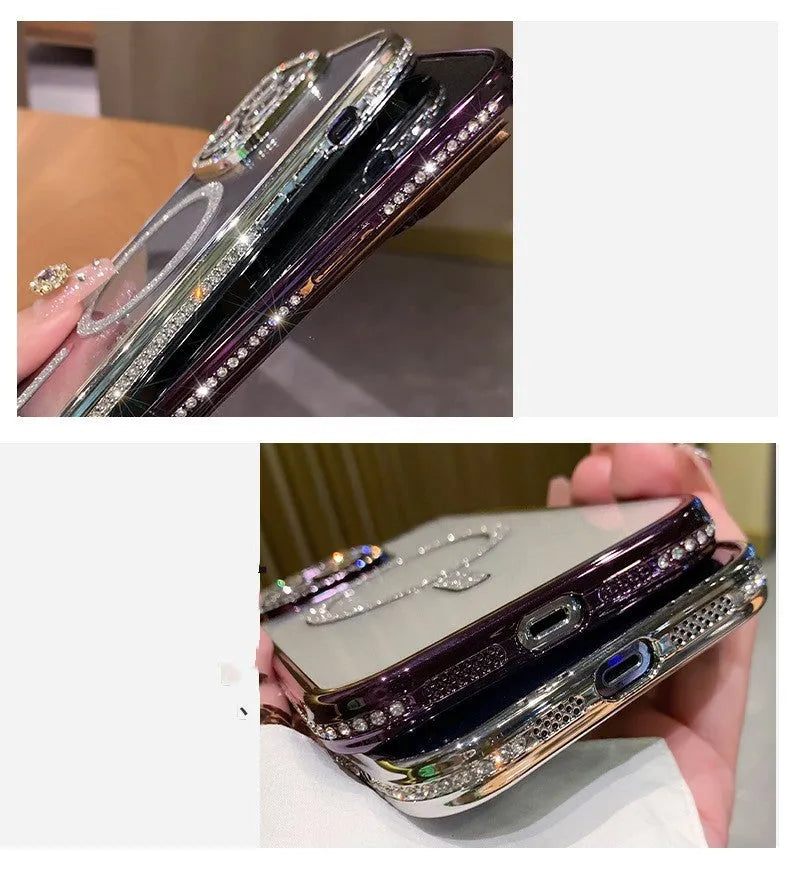 Wireless magnetic silicone phone case for iPhone in Deep Purple, Rose Gold, Space Silver, and Far Peak Blue.