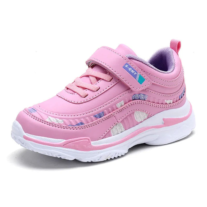 Kids soft sole sneakers in pink, purple, or black with faux leather upper, rubber sole, lace-up bandage design, mid heel 3-5cm, sizes 26-37