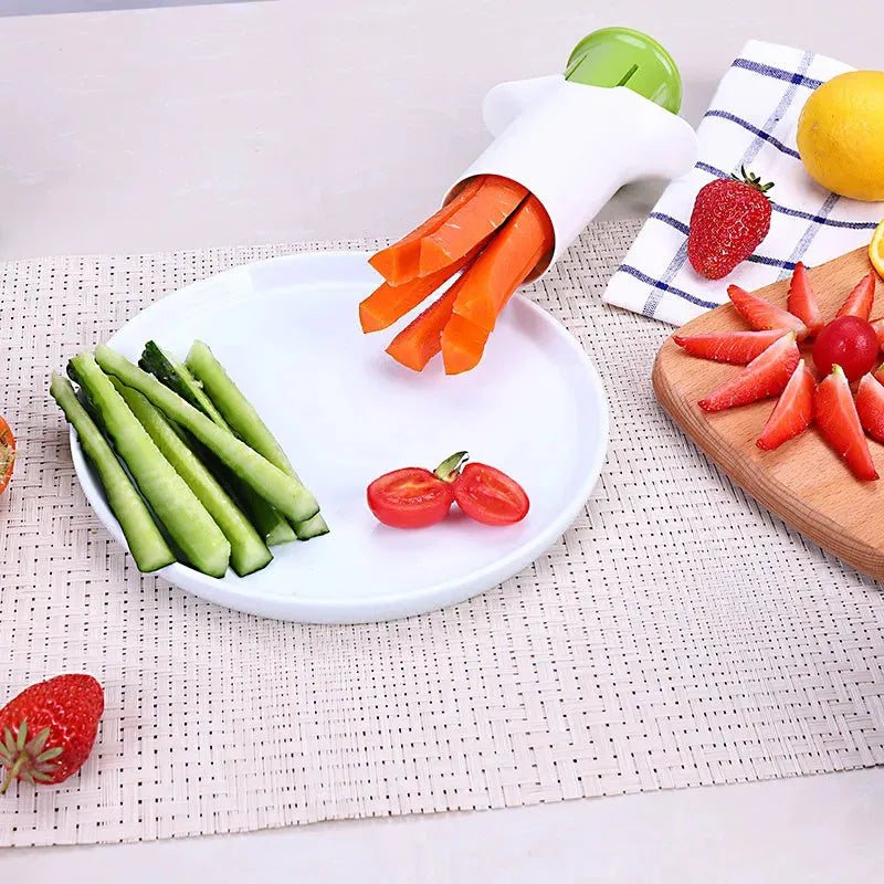 White cucumber slicer tool with 6 stainless steel blades and compact 104x107mm design