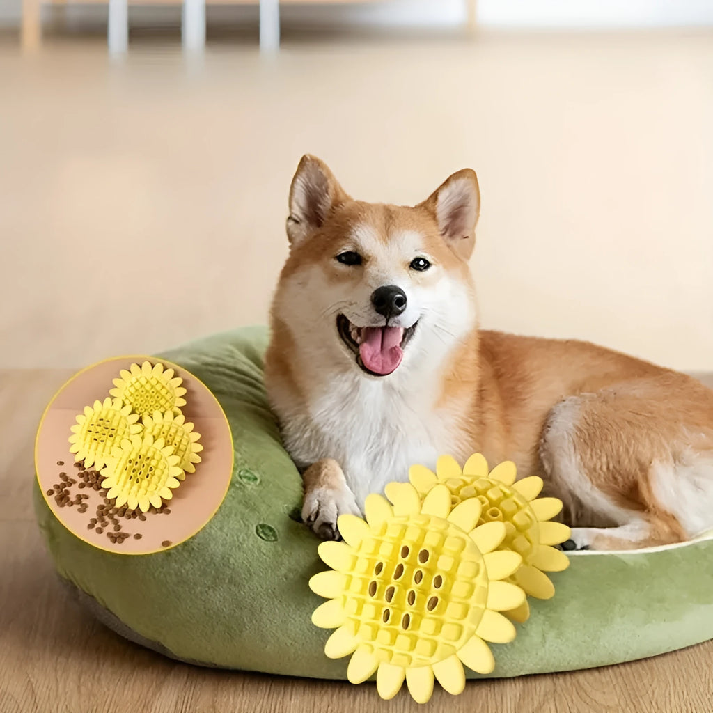 Yellow rubber sunflower dog toy durable chew for puppies teething and playing
