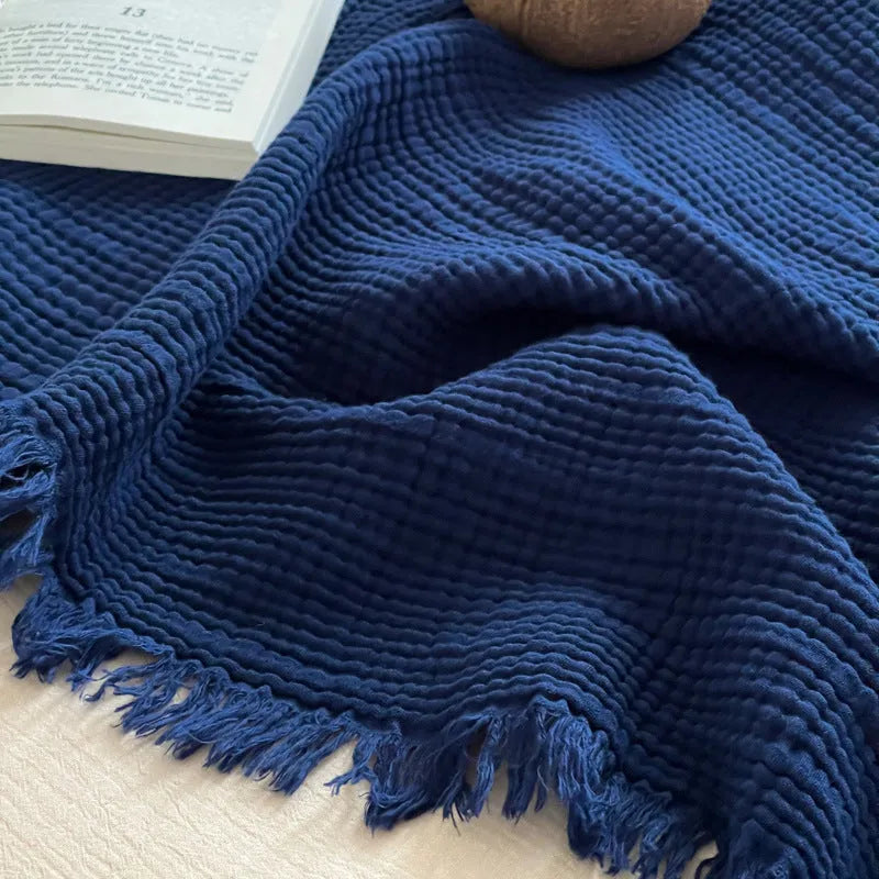 Maillard style four-layer wrinkle yarn tassel blanket in pure cotton chenille, available in multiple colours for sofa or office