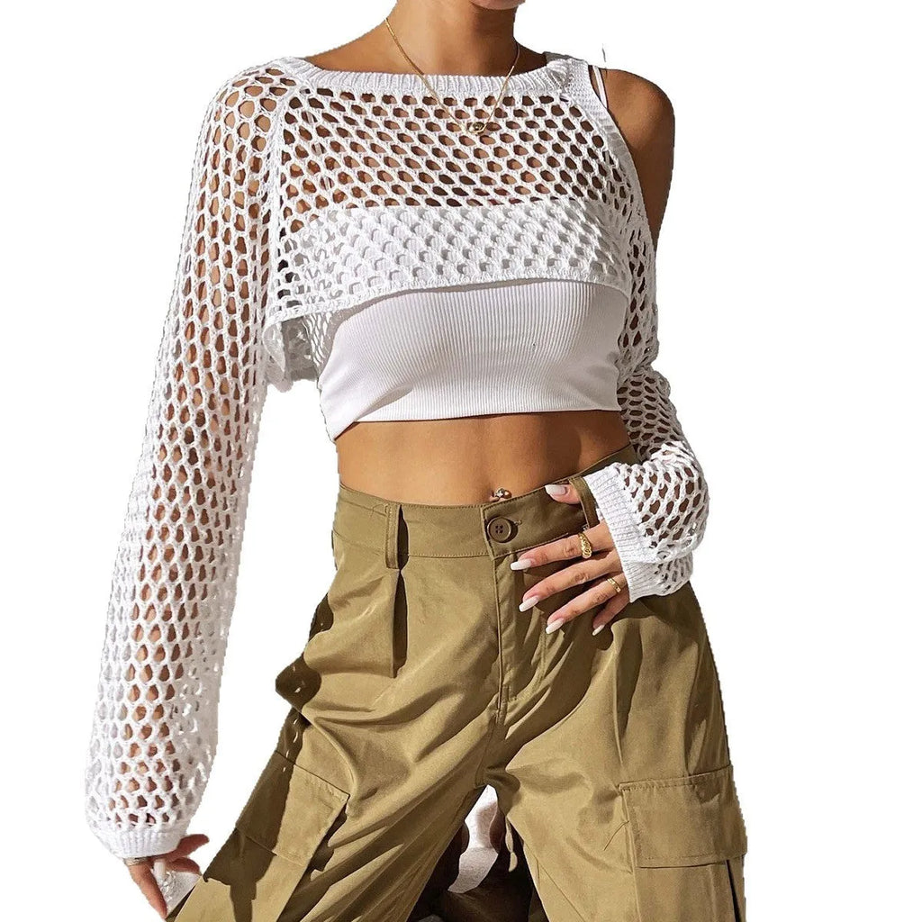 Mesh shirt with a hollowed design at the navel, shown in a selection of colours including army green and red.