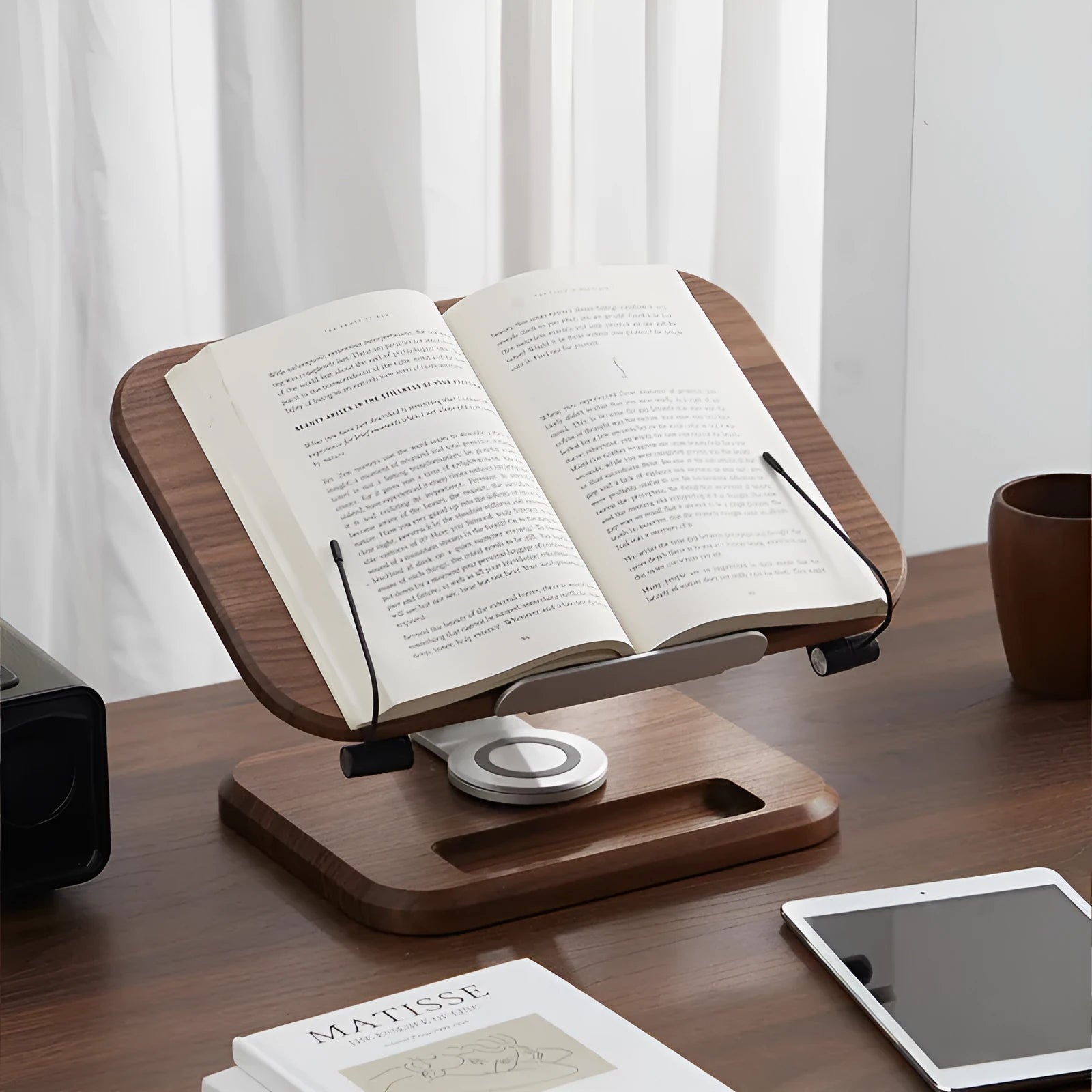 Black walnut solid wood adjustable rotating reading rack holding a book
