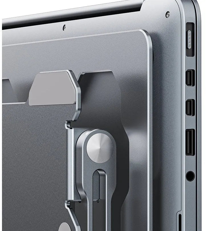 Grey aluminium adjustable laptop stand in folded and open positions, showing hollow design