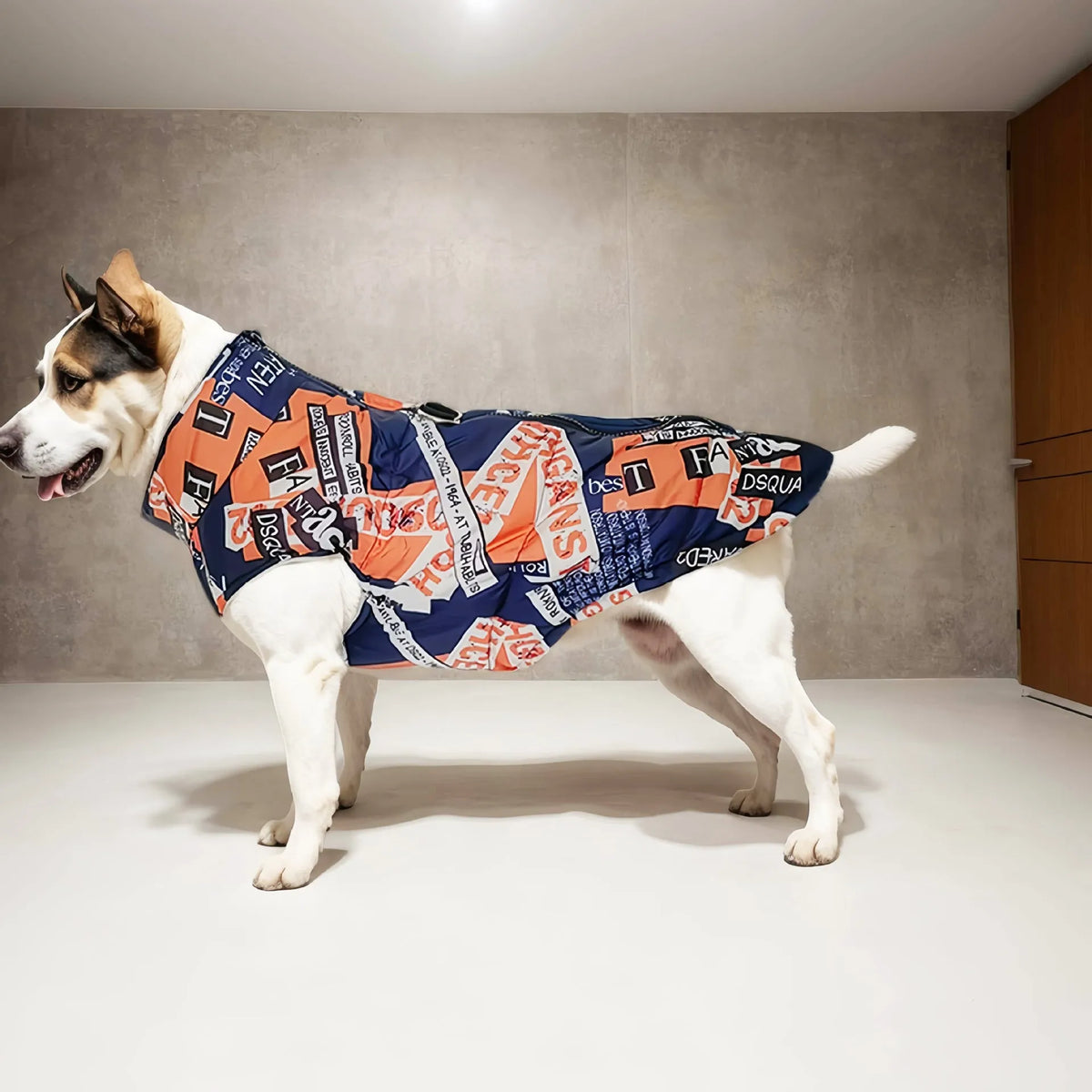 Pet fleece zipper waterproof cotton-padded coat in dark blue, leopard print or camouflage, sizes S to 5XL.