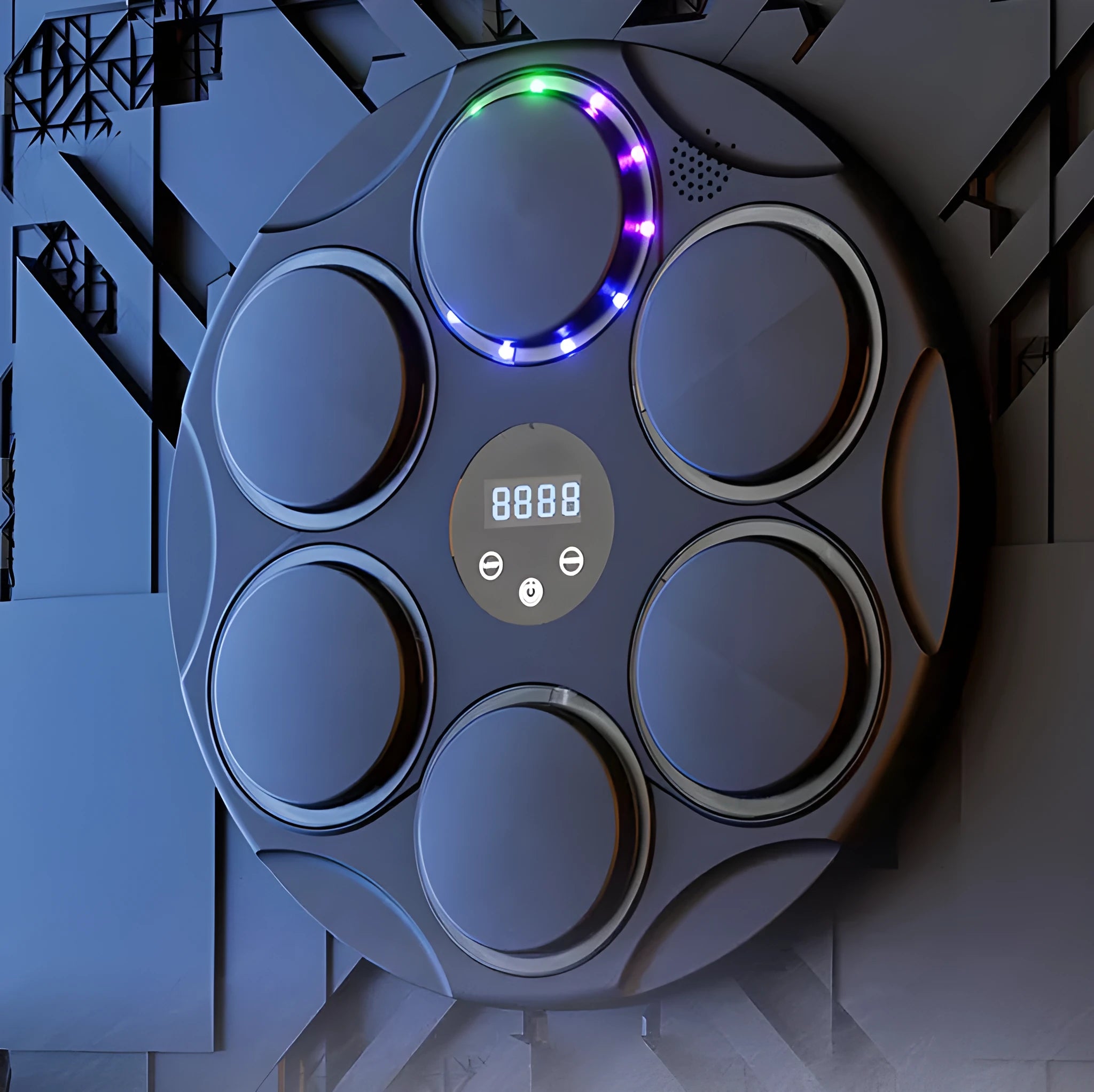 Black smart Bluetooth boxing target with colour-changing LED lights on wall