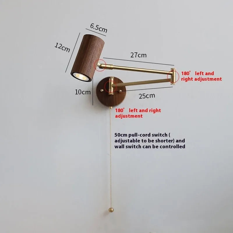 Retro-style rotating wall lamp with adjustable arm and integrated cord switch in walnut or wood finish