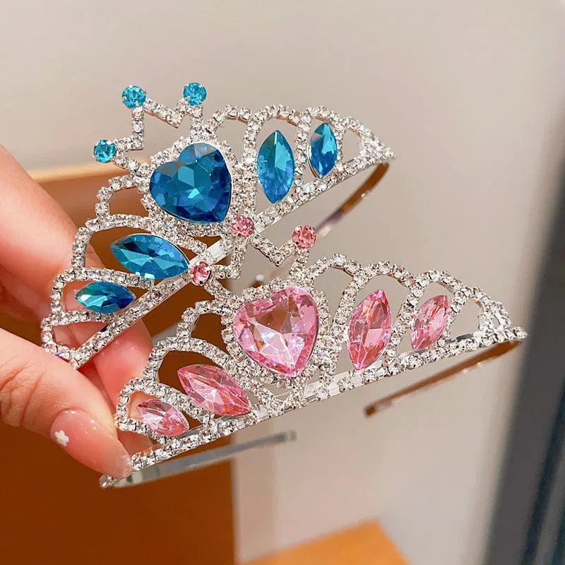 Children's metal princess crown headband with crystal stones in pink, light blue, or light purple.