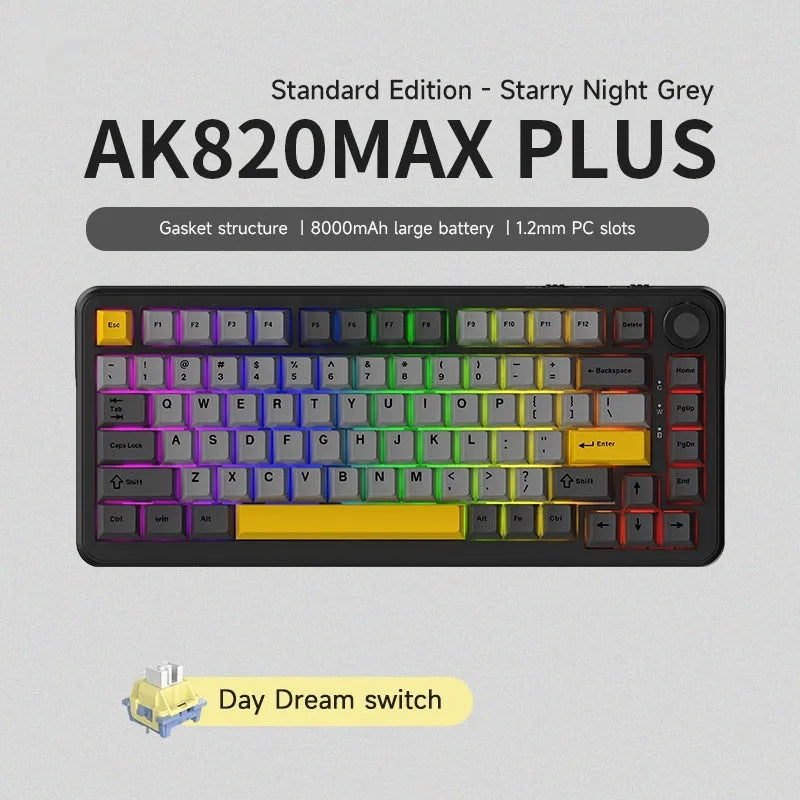 Three-mode hot-swappable mechanical keyboard in black, grey, and yellow with dust cover and tools