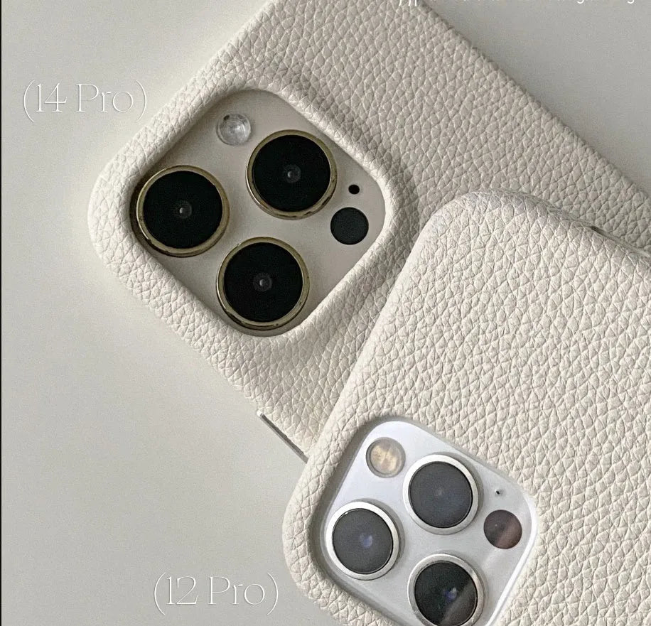 Beige genuine leather phone case with litchi texture for iPhone models 12 to 15 series