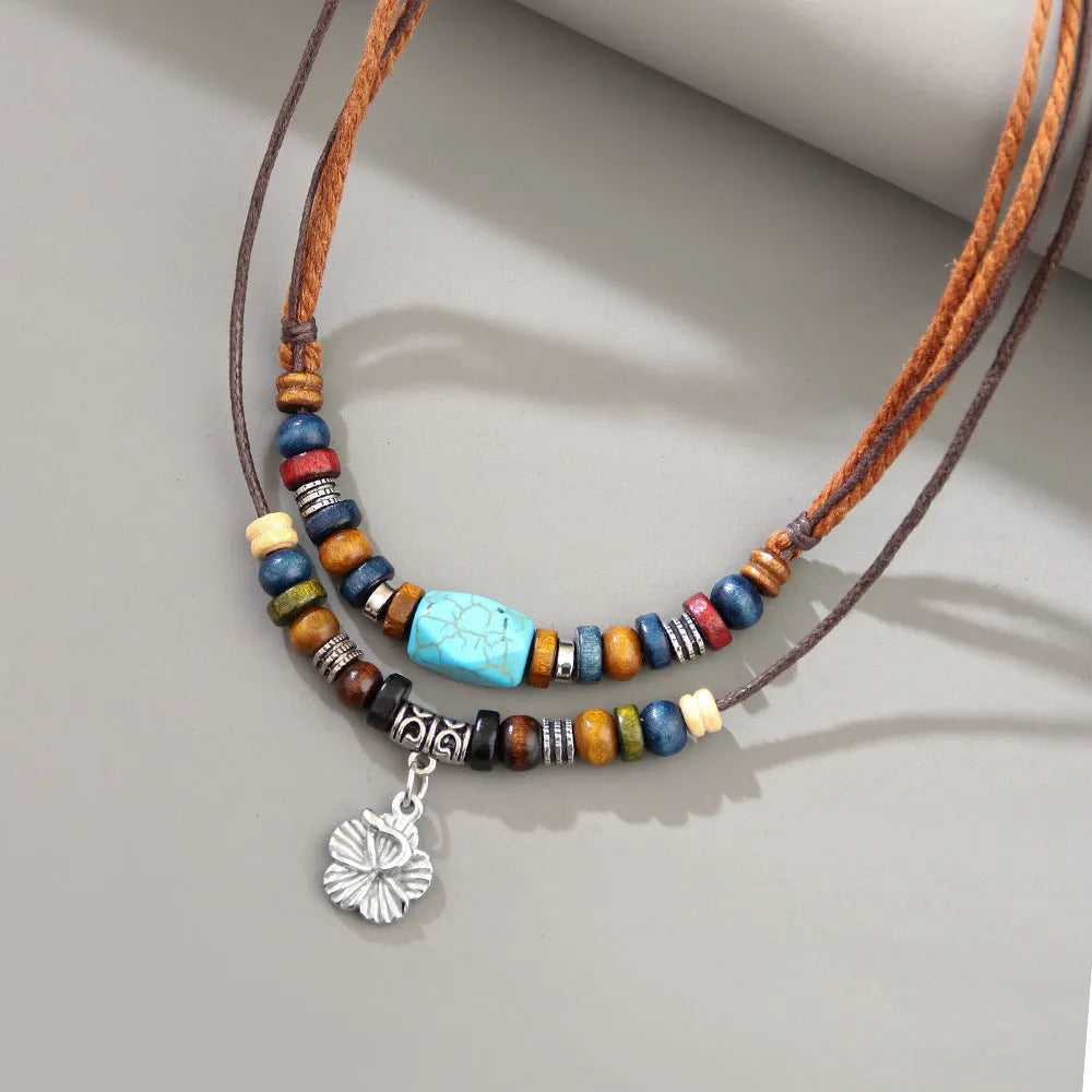 Wooden bead necklace with turquoise alloy pendant, wax rope chain, geometric flower design, QNN1108