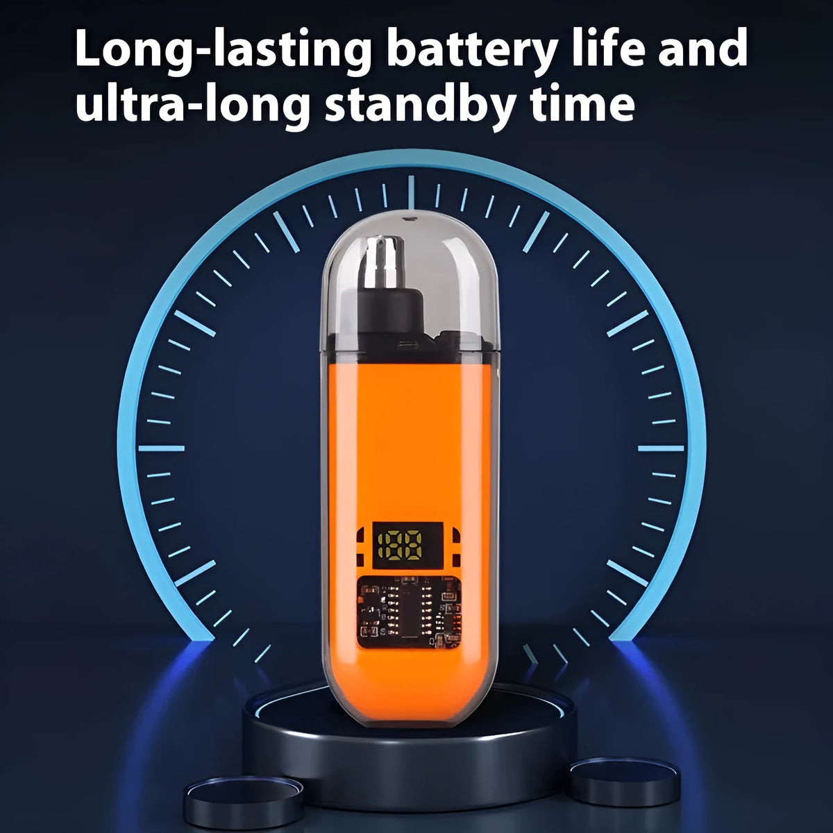 Rechargeable nose hair trimmer with removable cutter head and digital display in black, blue or orange options