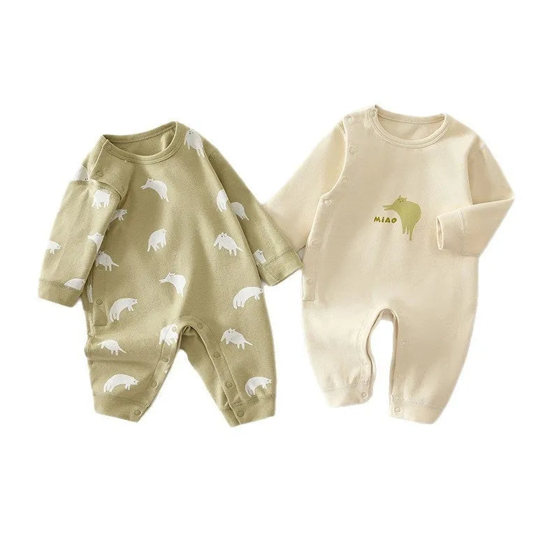 Pure cotton baby jumpsuit long sleeve boneless neutral unisex in apricot cat colour, 66cm to 90cm.