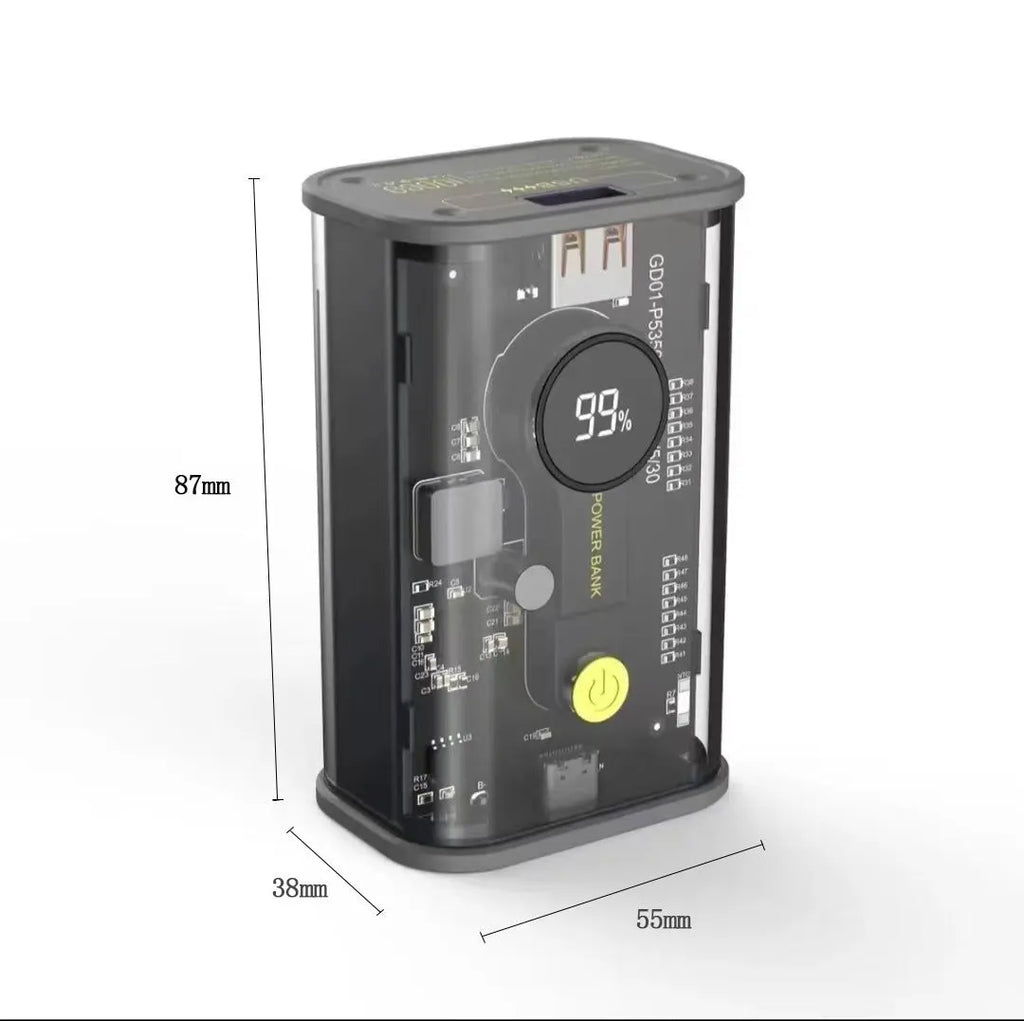 Transparent yellow industrial power bank showing internal battery cells with 10000mAh capacity