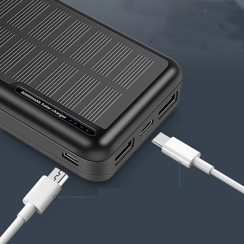 30000mAh all-black portable emergency power bank with solar panel feature