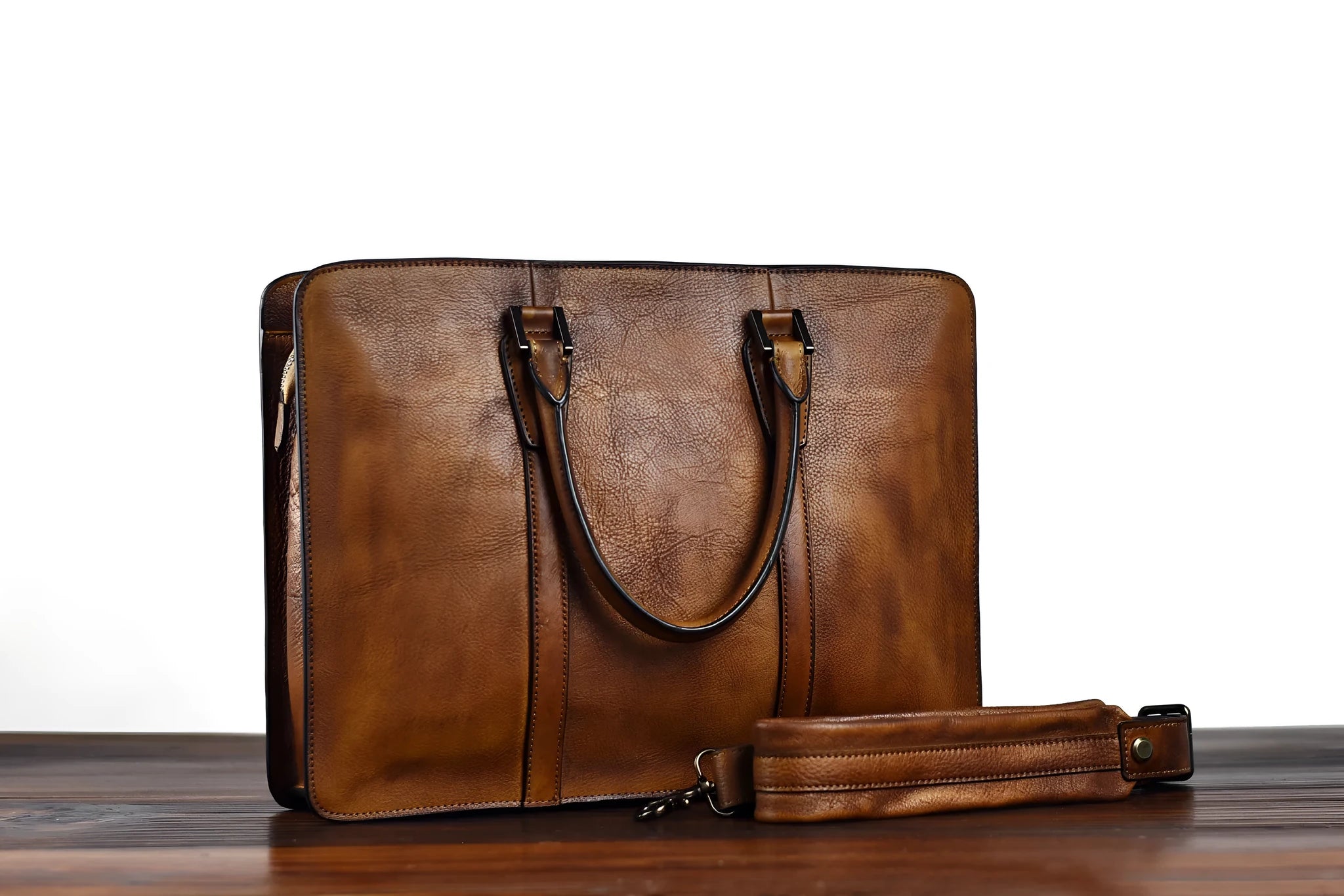 Men's 14-inch horizontal square leather handbag in khaki or black with zipper closure