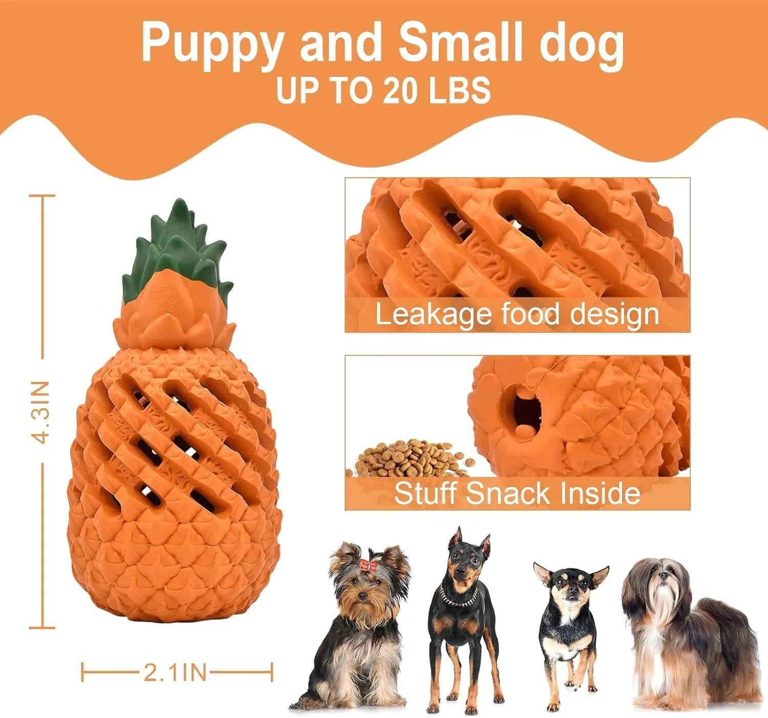 Pineapple-shaped natural rubber dog chew toy for aggressive chewers, available in multiple sizes