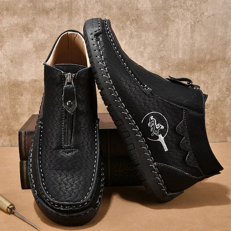 Men's slip-on leather loafers in black, brown and grey colours with round toe and rubber sole