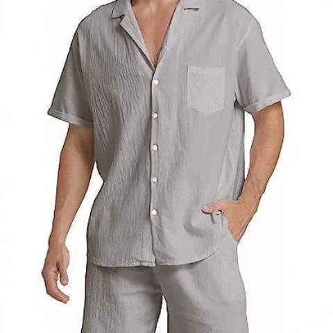 Men's grey flax linen short-sleeve top and matching shorts suit laid flat