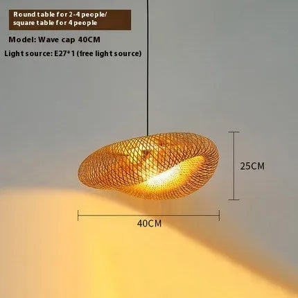 Bamboo woven hanging lamp with straw hat shape in natural material showing texture details