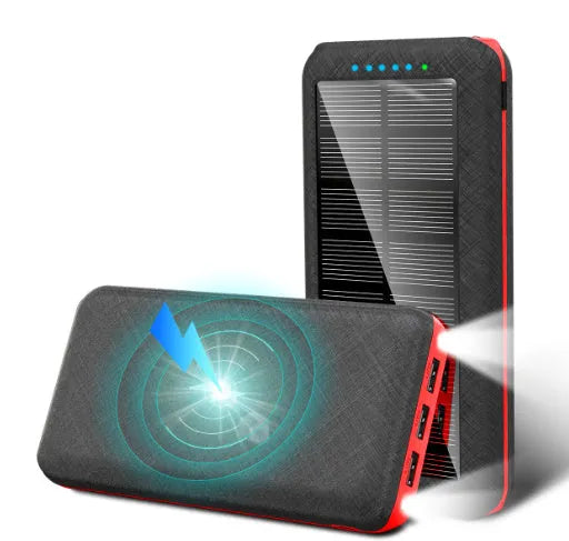Black portable power bank with wireless Qi charging pad, three USB ports, and LED flashlight for iPhone Samsung Xiaomi phones