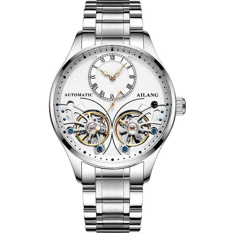 Automatic men's watch with tourbillon and moon phase on black steel strap