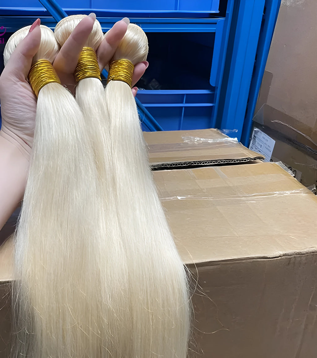 Gold human hair curtain bone straight wig on mannequin head showing long hair length