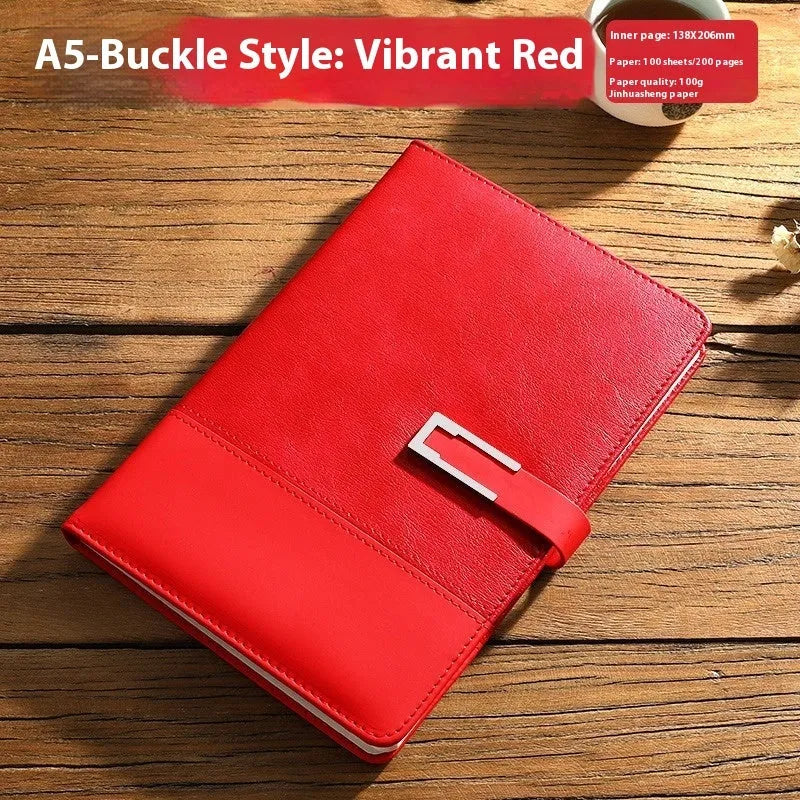 A5 soft leather business notebook in brown, black, green, blue, and red colour options.