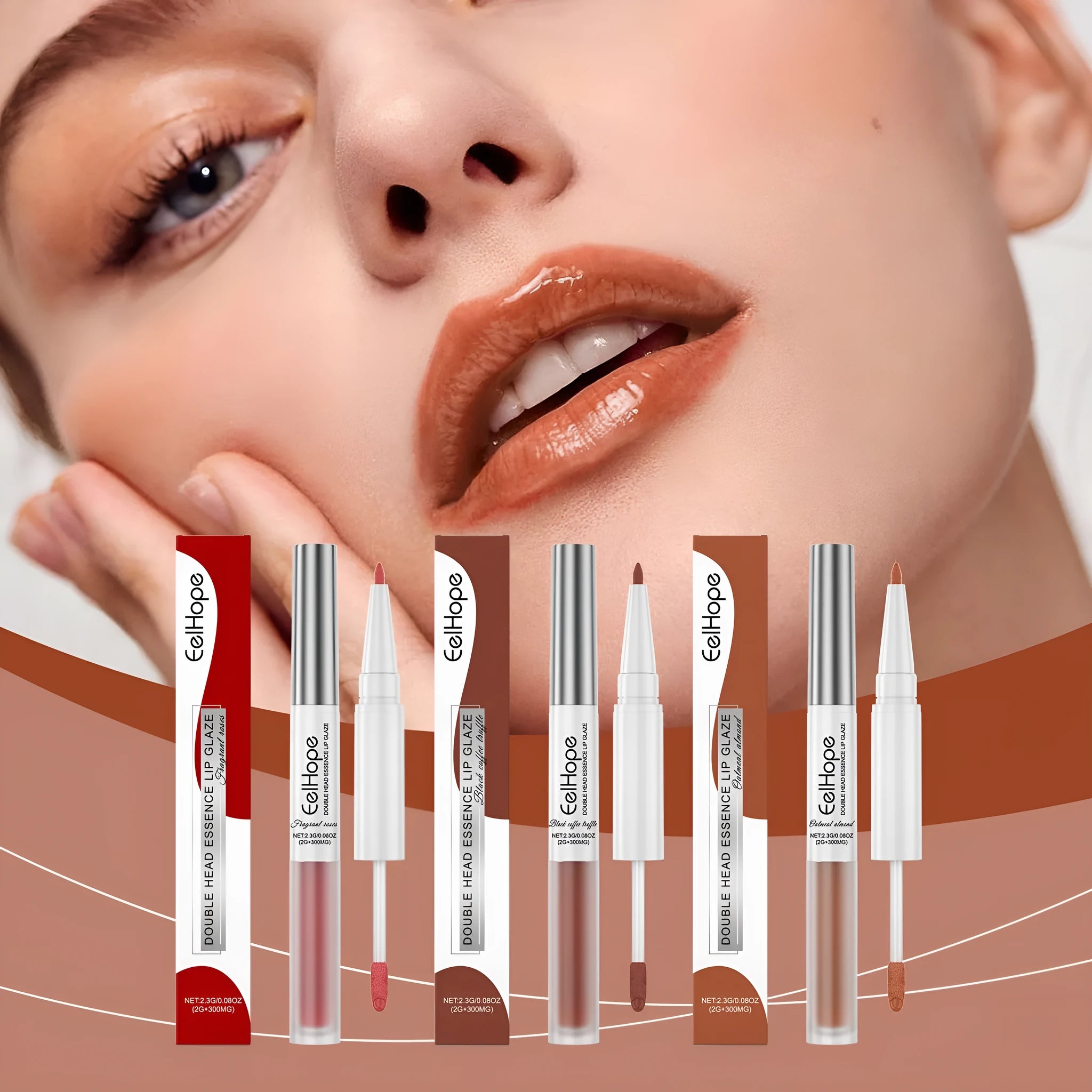 Double-headed lip liner and lip lacquer pen in black coffee, fragrant, and oat almond colours