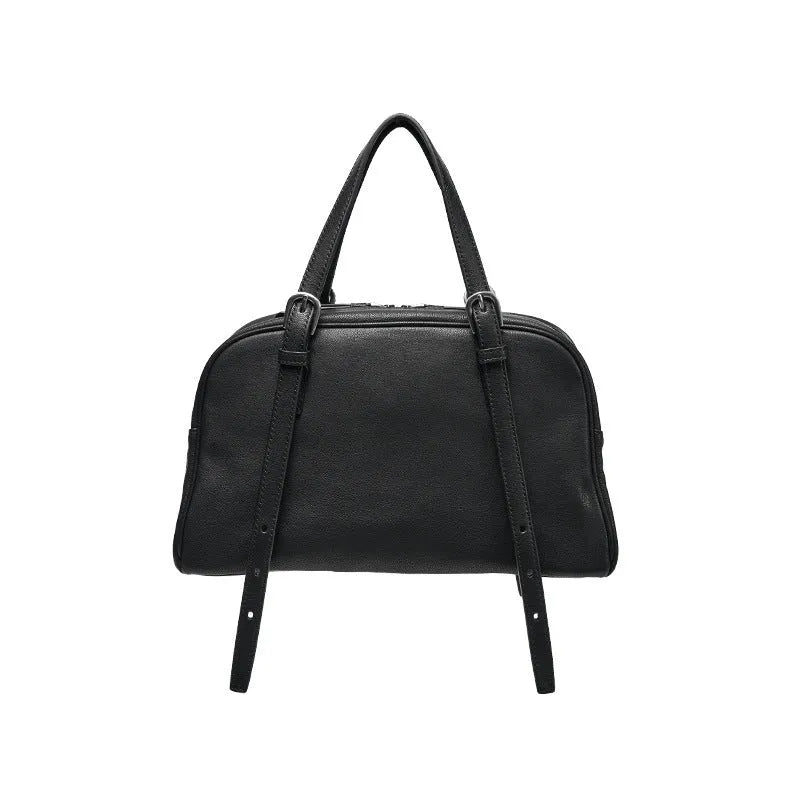 Women's retro style genuine leather shoulder bag in horizontal square shape with double straps