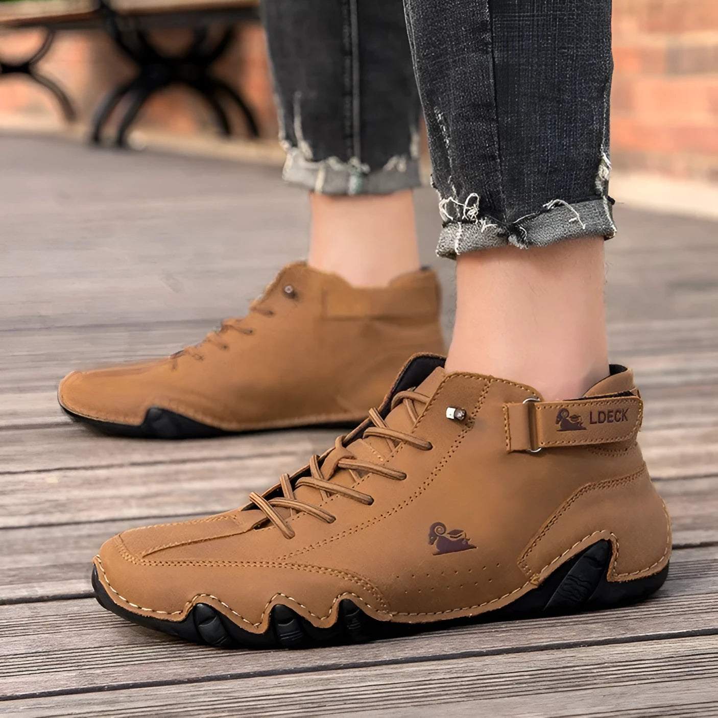 Octopus brand men's high-top ankle boots in khaki, grey, or black with a round toe and rubber sole.