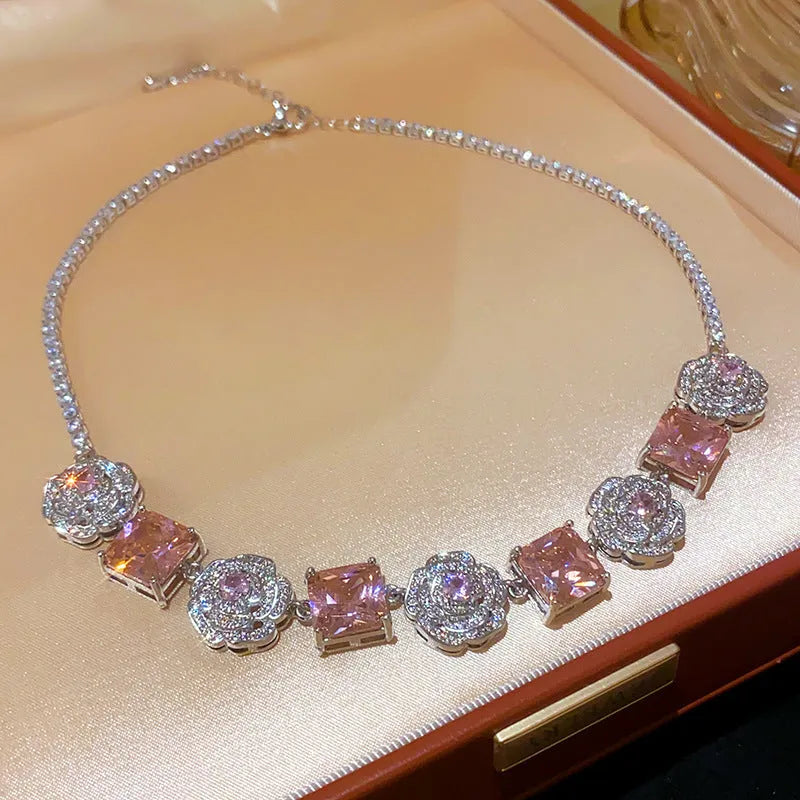 French flower square zircon necklace in silver pink with inlaid zircon pendant on 41-50cm clavicle chain.