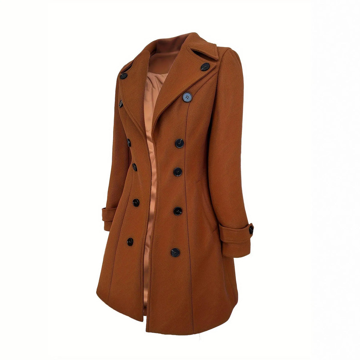 Women's double breasted dark brown chenille coat with slim fit and long sleeves