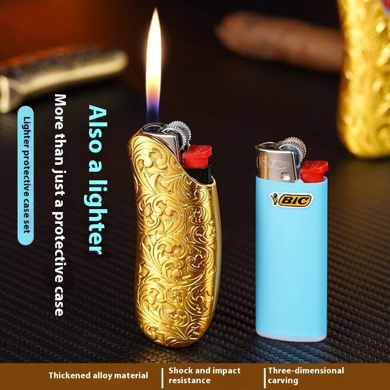 Banana shape zinc alloy gas lighter protective shell, 90 x 30 x 15mm, with metal toe cap guard and silver plated finish