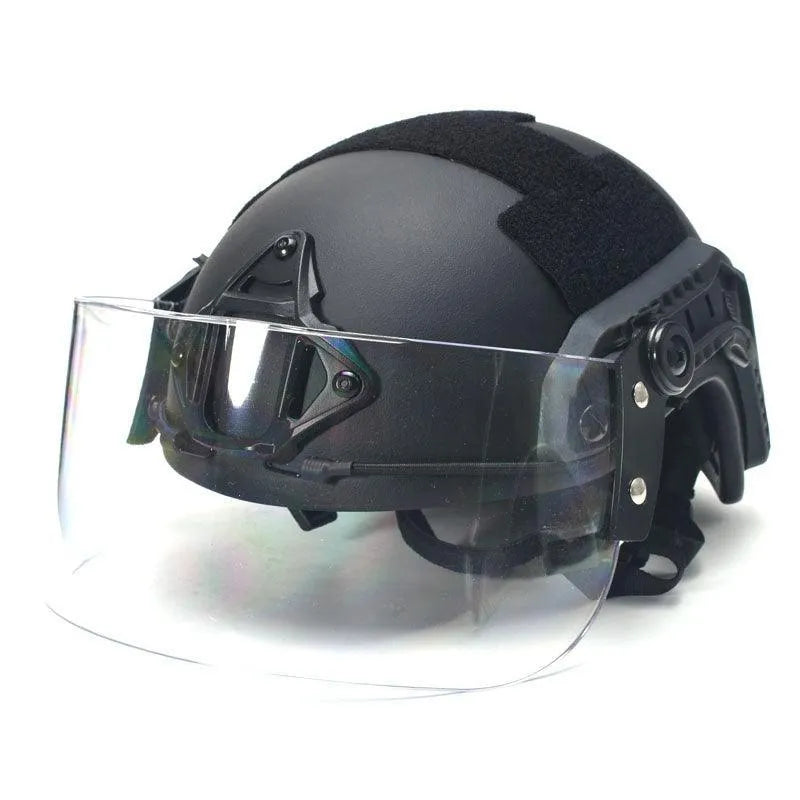 Transparent polycarbonate helmet visor with guide rail mount for face protection