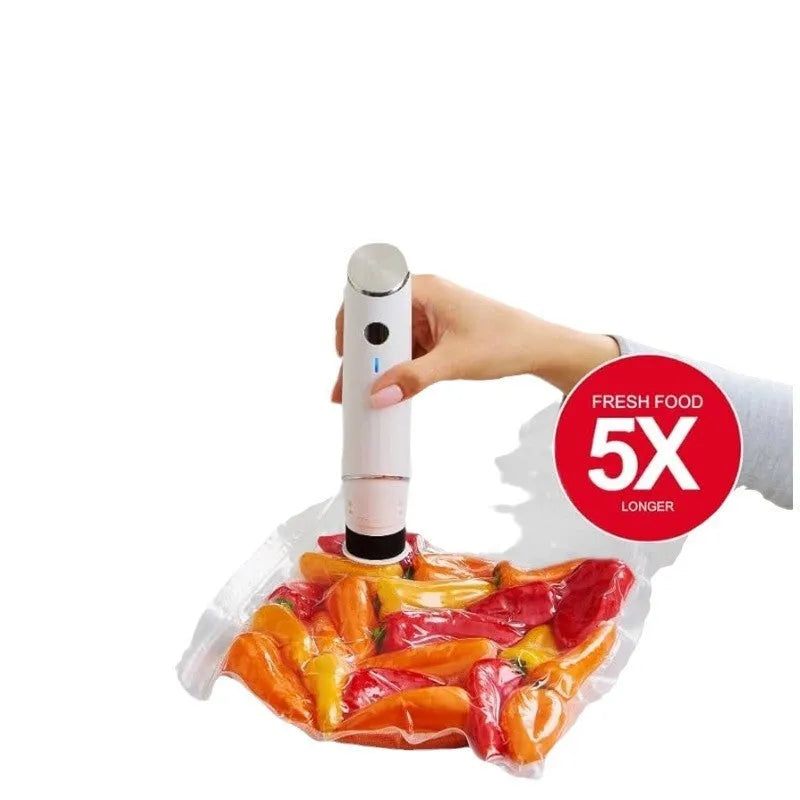 White USB electric suction pump with five plastic vacuum bags for food preservation