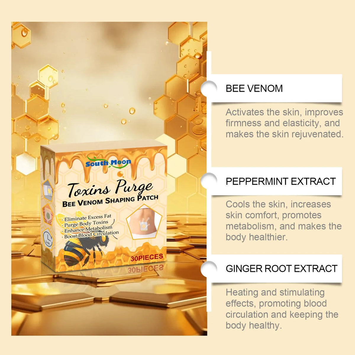 Body care patch box of 30 nursing stickers, each 7x7cm, with bee venom and plant extracts