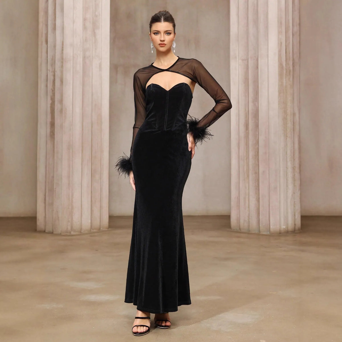 Black semi-transparent mesh top and velvet tube dress two-piece set with mid waist and mid-length skirt, sizes S M L