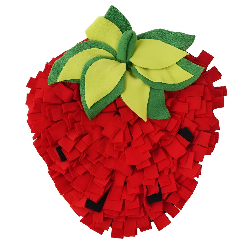 Red and green strawberry-shaped pet sniffing mat for slow feeding dogs and cats