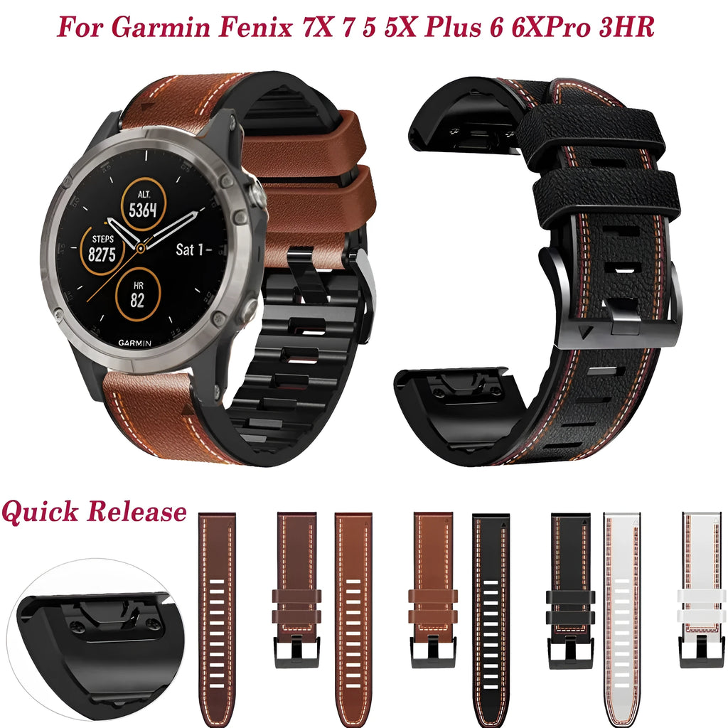 Silicone leather quick release watchband for Garmin Fenix smartwatches in four colour options
