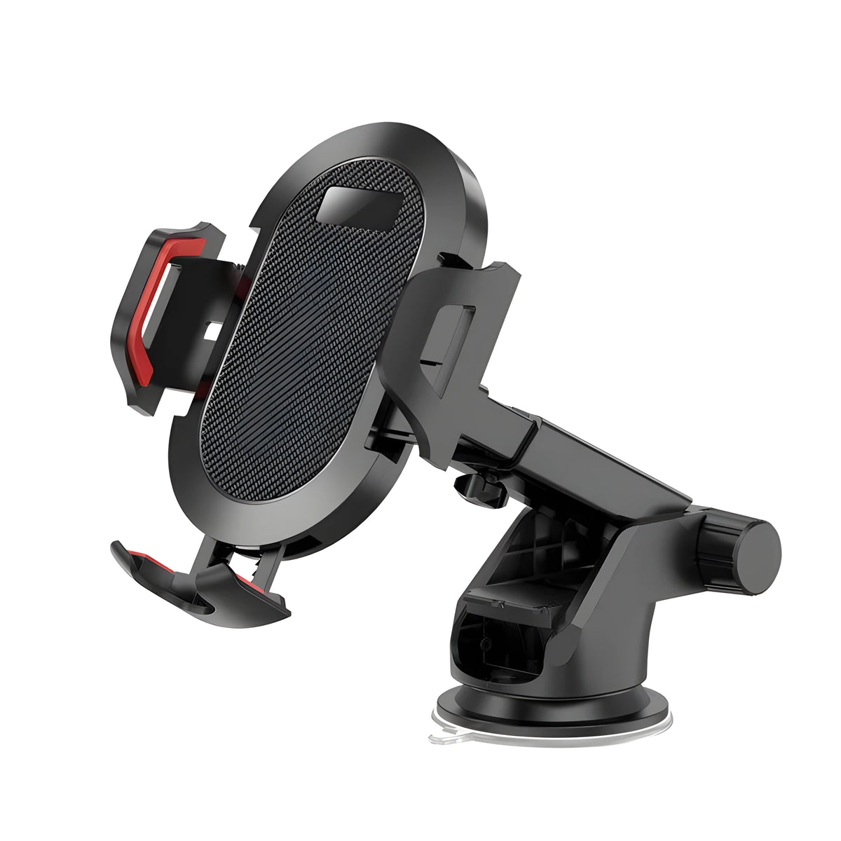 Black-grey car phone holder mounted on vehicle air vent with phone secured