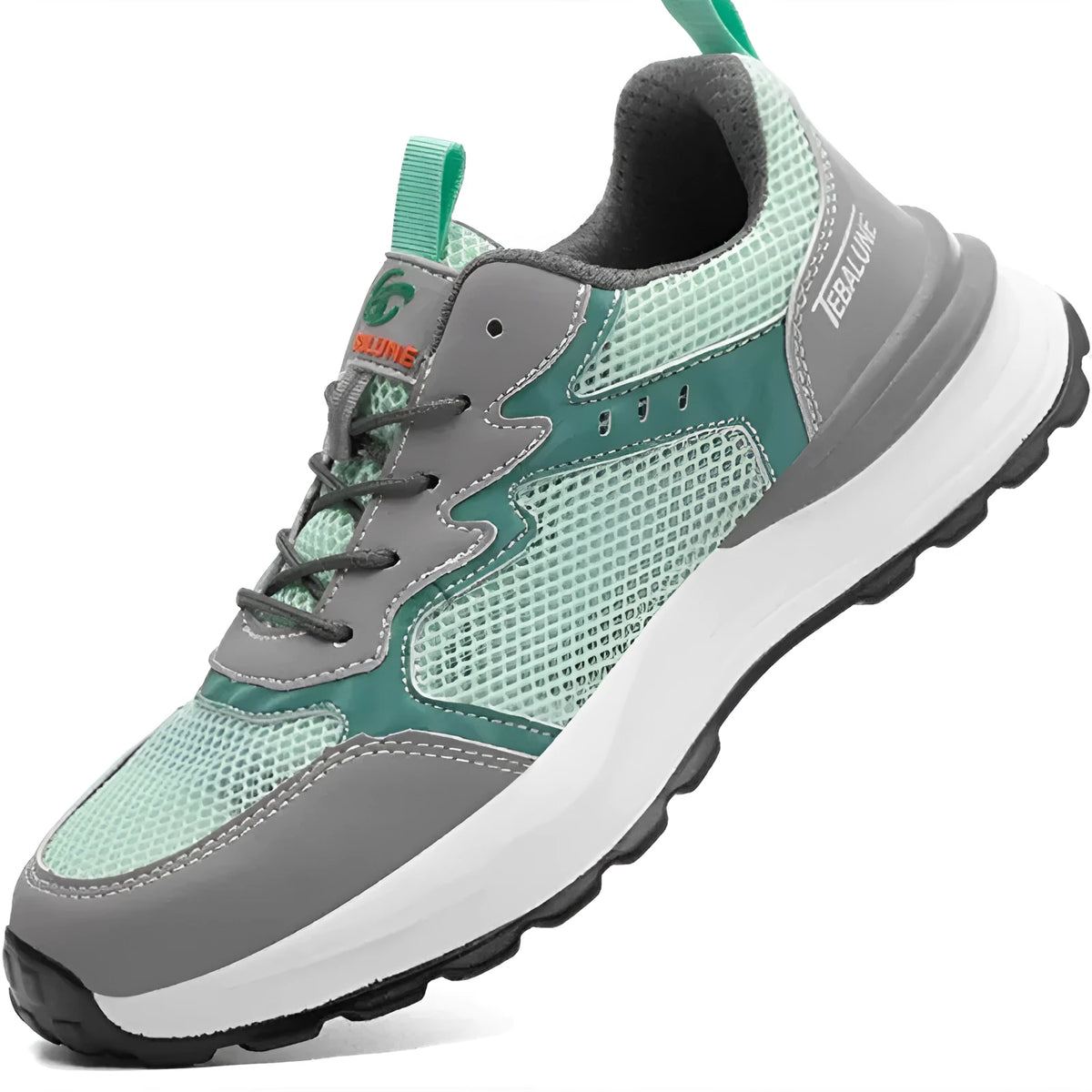 Green low-top safety work shoes with mesh upper panels and a plastic steel toe cap.