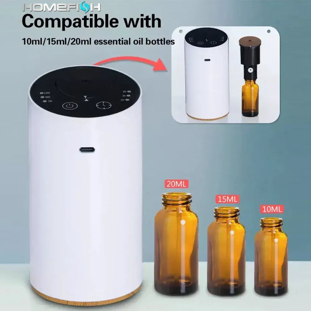 Silver wireless car aroma diffuser with 20ml empty essential oil bottle, aluminium alloy body, D98 x H168mm