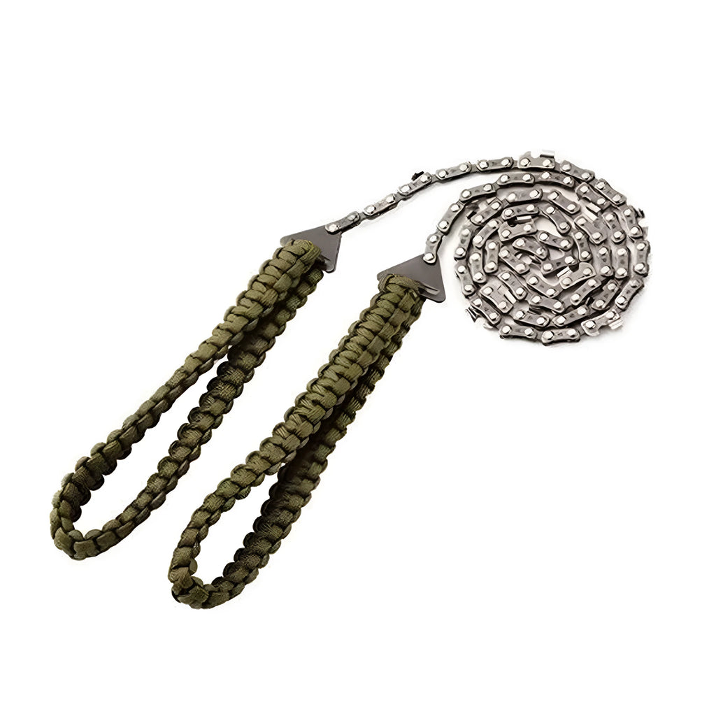 Army Green braided rope pocket saw fully extended to 103 cm length on outdoor ground surface
