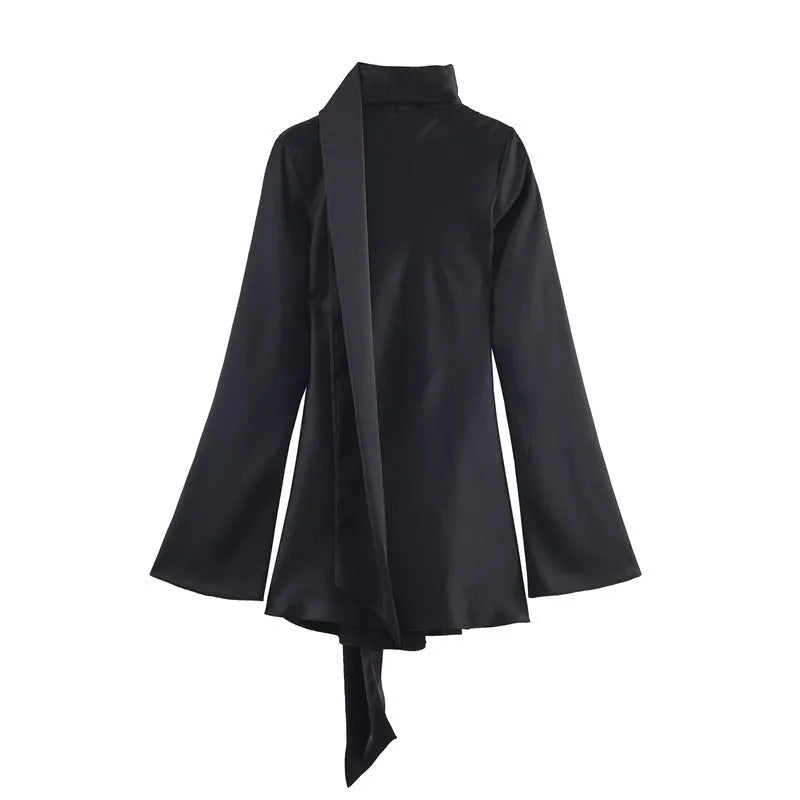 Women's hooded long sleeve pleated short scarf dress in brown or black, knitted mercerized cotton, sizes XS to L