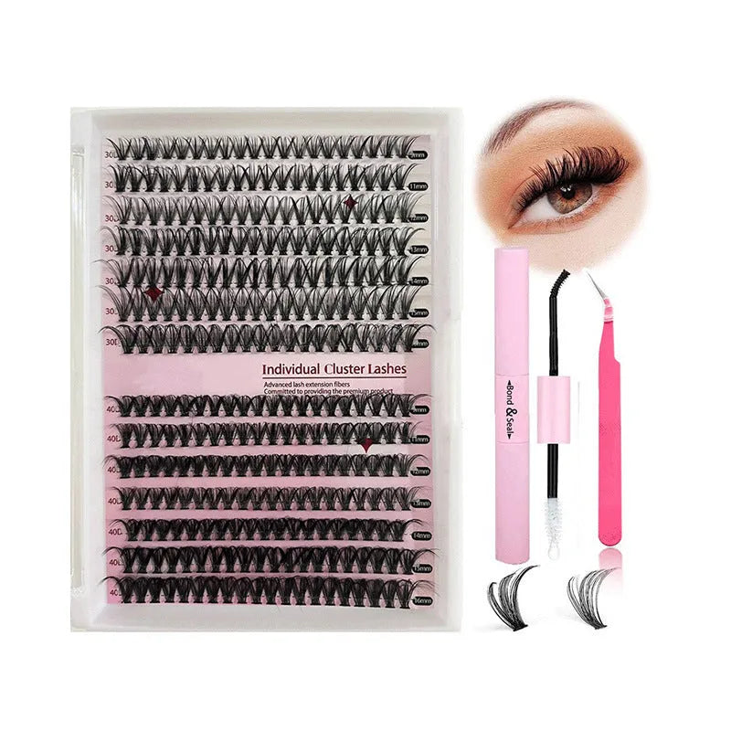 DIY false eyelashes cluster package showing 30D and 40D density lashes with tweezers in 9-16mm lengths