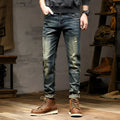 Man wearing retro coloured stretch cotton denim skinny fit jeans with a zip fly.