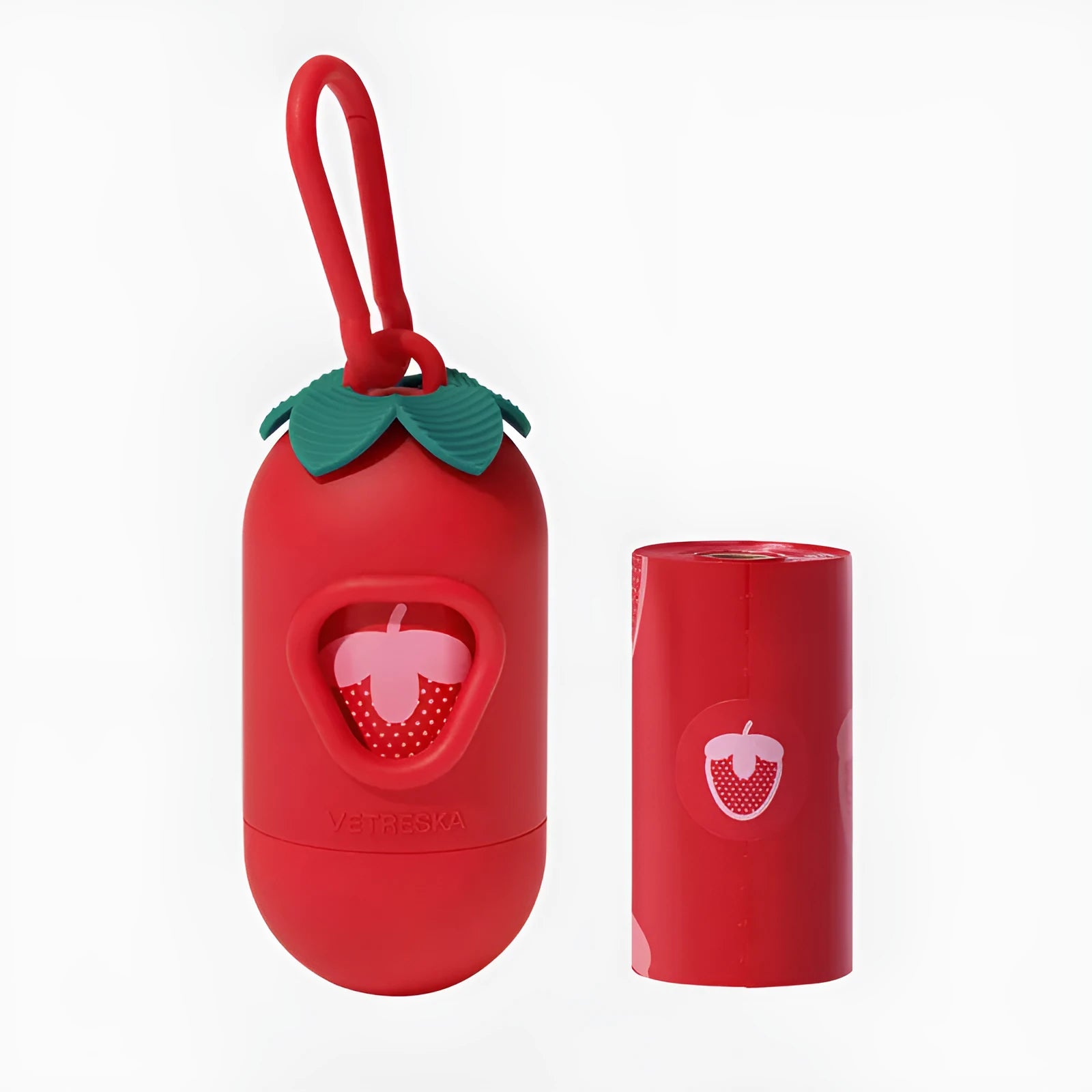 Portable dog poop bag dispenser capsule with scented inner bags in strawberry, orange and cherry blossom patterns